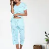 Women's Two Piece Pants Women Silky Pajamas Print Set With V Neck Wide Leg 2 Mother Grandmother Sleepwear For
