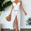 Cover Up Beach Women Outing Bath exits 2024 gebreide halter sexy holle spleet randkleding vaste polyester pareo sundress