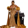 Aso Ebi 2024 Gold Mermaid Prom Promes Beaded Sequined Кружевные вечерние вечеринка Формальное второе прием затягивает платья Prom Ladress LF017