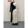 2024 Весна Новый круглый цветовой блок с длинным рукавом Slim Fit Plare Designer Designer Maxi платье длинные рукава Длинные юбки для женского дизайнера 36A0