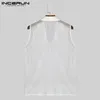 Men's Tank Tops INCERUN Men Lapel Sleeveless Mesh Striped Patchwork Transparent Male Vests Summer Streetwear 2024 Fashion Clothing