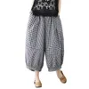 Przyjazd Summer Kobiety bawełniane lniane spodnie kostki śluzowe swobodne luźne elastyczne talii Plaid Patwork Bloomers Pants S70 240506