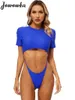 Women's Swimwear Womens One Piece Bathing Suits Swimsuit Short Sleeve Backless Lacing Crop Top High Cut Briefs O-Ring Bikini Monokini