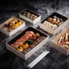 Bakvormen wikkelende doos voedsellade transparante verpakking houten eenmalige dessert vierkante container nobele milieuvriendelijke sushi-schotel 10 stks