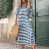 Vestidos casuais de verão feminino de verão de decote geométrico de decote de cadarço bolha de mangas médias bolhas de punhal big swing losse longa longa