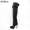 Stiefel Soerben schwarz über dem Knie Custom Calf Size Ladies High Heel Round Toe Hollow Out Schnürschuhe Plattform