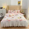 Bedding Sets 4PCS Blue Floral Duvet Cover Set Korean Princess Style Lace Bow Bed Sheet Pillowcases Girl Oversize