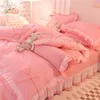 Ensembles de literie pour filles kawaii seersucker feuille d'oreiller de la taie d'oreiller de la mode Princesse couverture de couleur unie 4 pièces de décoration de maison mignonne 240430