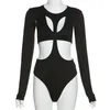 Långa ärmar bodysuits Black Top Womens Hollow Out O Neck Solid Sexig bodysuit Autumn Spring Clothes Streetwear 240423