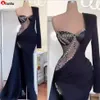 Nouvelles robes de soirée noire sirène single une épaule à manches longues 2022 illusion perles de bal robes
