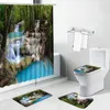 シャワーカーテン3D滝の森の木の風景浴室バスバスマットセット台座敷物の蓋トイレカバーノンスリップ