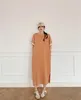 Party Dresses Yzjnh 2024 Summer Long Dress Women's Korean Edition Loose Round Neck Roll Sleeves Solid Color Pocket Split stor storlek