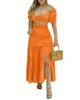 Work Dresses Summer Solid Color One-line Shoulder Back Zipper High Slit Dress Set