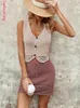 Work Dresses 2024 Cardigan Button V-neck Tank Top Half Skirt Set Solid Color Hollow Knitted Two Piece For Women Wholesale