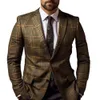 Men Suit Coat Formal Business Style Slim Fit Plaid Print Long Sleeve Single Button Closure Mid Length Straight Cardigan Work Coa 240513
