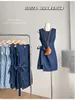 Kobiety niebieska mini sukienka A Vintage Evenge Eleganckie sznurowane sukienki bez rękawów o nokreerze y2k One Piece sukienki 2000