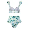 Kvinnors badkläder Kvinnor Beachwear Böhmen Style Ruffle Sleeve Bandeau Bra Hög midja Simt Set Floral Print Bikini Summer 2st Bathing