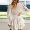 2 피스 드레스 스프링 새로운 유럽 및 미국 패션 섹시한 V- 넥 길 슬리브 거품 소매 주름 가장자리 드레스 단색 Q240511