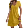 Casual Dresses Women's Solid Color 3/4 Sleeved With Pockets Summer Youthful Elegant Boho Beach V-Neck Vestidos Cortos