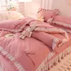 Girls beddengoed sets kawaii seersucker bed blad kussensloop mode prinses dekbedoverdeksel vaste kleur 4 stuks schattige huizendecoratie 240430