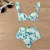 Kvinnors badkläder Kvinnor Beachwear Böhmen Style Ruffle Sleeve Bandeau Bra Hög midja Simt Set Floral Print Bikini Summer 2st Bathing