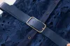 Europe and the United States women's 2024 summer new Stand collar Long sleeve blue hollow belt fashion Pleated dress XXL