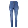 Kvinnors jeans kvinnor stretch våren rippade hål hög midja faux denim casual kvinnlig smal elastisk byxor blå mager penna byxor