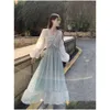 Podstawowe sukienki swobodne 2023 Letnie falbany enagantowe sukienki midi kobiety w stylu chiński wakacyjny pasek plażowy Koreański wieczór Dhy3Q