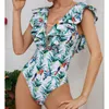 Kvinnors badkläder 2024 Sexig One Piece Swimsuit Ruffle Print Floral Sleeve Women Push Up Bathing Suit Beach Wear High Quality Monkini
