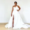 2024 Vintage Boho A Line Wedding Dresses Strapless Satin Side Split Overskirts Bridal Glows Wedding Dress Sweep Train 0513