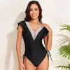 Swimwear Women's Conservative One Piece Femmes Eso Sclow Out V-Neck Swimsuit Side Lace Lace Up Up Breathable Black Bathing Full