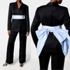 Black Women Pants Suits With Blue Bow 2 Pieces Custom Made Slim Fit Mother Of Bride Blazer Jacket Guest Wear Loose Trousers