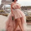2023 Blush Pink High Low Party Dresses With Sash Strapless Tulle Puffy Tiered Custom Made Plus Size Cocktail Prom Dress 278i