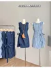 Women Blue A-line Mini Dress Vintage Evening Elegant Lace-up O-Neck Sleeveless Dresses Y2k One Piece Frocks 2000s Clothes Summer 240511