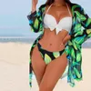 Kobietowe bikini w kąt kątowych kobiet w niskiej talii 2024 Sexy 3 -częściowe nadruki bikini ustawione na stroju kąpielowym dla kombinezonów pływackich z długim rękawem juniorzy