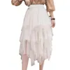 スカート弾性ウエストチュールスカートは、不規則なメッシュヘムソリッドカラーティアードミディを備えたエレガントな女性のエレガントな女性です