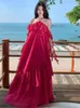 Casual Dresses Summer Rose Red Elegant Sexy Loose Backless Halter Lace-up Long Dress For Women Ruffle Edge Off Shoulder Pleated Sundress