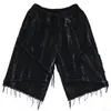 American Raw Edge Denim Men shorts sommar överdimensionerad avslappnad lös knähög mörk beskuren byxor streetwear 240422