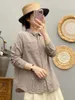 Frauenblusen Baumwollgarn barne Bluse 2024 Japan Mode atmungsaktiv Khaki karierte Hemden Soziale und elegante Kleidung