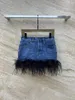 Skirts Girl Style Skirt Fashionable And Trendy With Ostrich Hair Patchwork Sweet Youthful Fairy A-line Denim Short