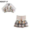 Xeasy Women Fashion 2Pece Set Flowers Vintage Batwing Sleeve Bordered Shirt Female High Casting Mini Salia Sweet Suits 240428