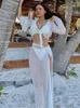 Sexy Knit Cut Out Bell Sleeve Short Top Lace-up Beach Slit Leg Skirt Suit 2024 Summer Women Bikini Cover-ups Beachwear Set A2579