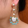Bengelen oorbellen g-g gecultiveerde witte munt parel groot blauw turquoise mode sieraden vintage stijl voor vrouwen