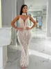 Runway Dresses White sequin nude mermaid lace up pearl feather luxurious evening dress dance dress ladies wedding party 2024 New