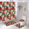 シャワーカーテンカラフルな新鮮な花のカーテンセットバラの花の葉の庭の入浴スクリーントイレの蓋付きカバーラグバスルーム装飾マット
