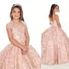 2022 Cute Rose Gold Sequined Lace Girls Pageant Dresses Crystal Beaded Blush Pink Kids Prom Dress Birthday Party Gowns For Little Girl 270T