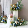 Decorative Flowers Royal Blue White Peony Hydrangea Artificial Flower Row Table Runner Party Wedding Backdrop Centerpiece Decor Rose Floral