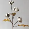 Flores decorativas 4 PCs/Lot Ornamental Cotton Sry Flower Head com ramo natural das folhas