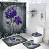 Douchegordijnen 4 pc's paarse roos sets met niet-slip tapijt toilet deksel deksel badmat stukje grijze maan bloemen badkamer decor haken