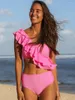 Frauen Badebekleidung 2024 Sexy einteilige Badeanzug Frauen BodySuit Solid One Schulter Ruffe Pink Ladies Bikini Set zwei Stücke